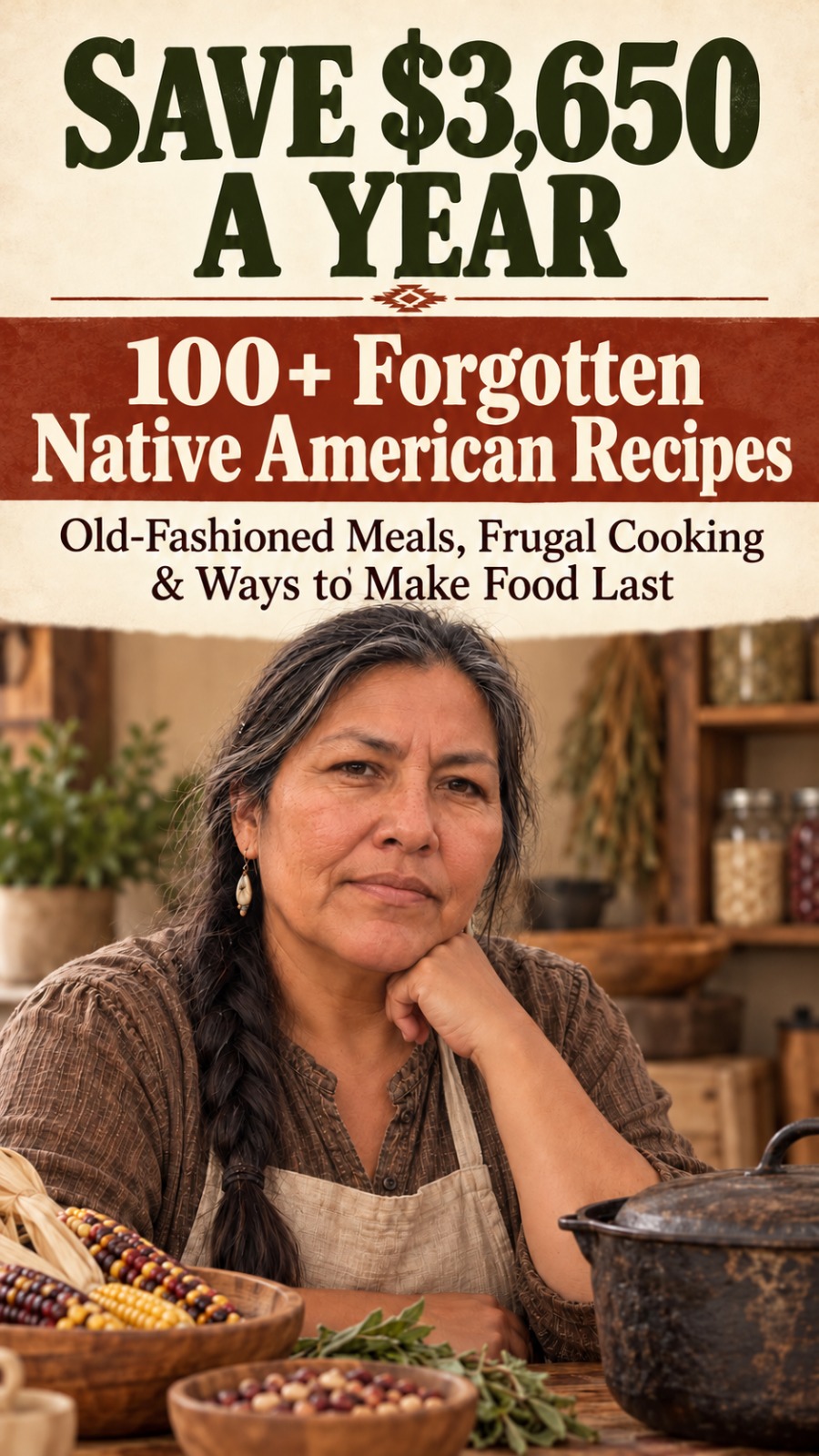 Cover of 100+ Forgotten Native American Recipes by Naomi Kingbird, 2026 Edition, showing Naomi at her kitchen table with dried corn, beans, sage and a cast-iron pot