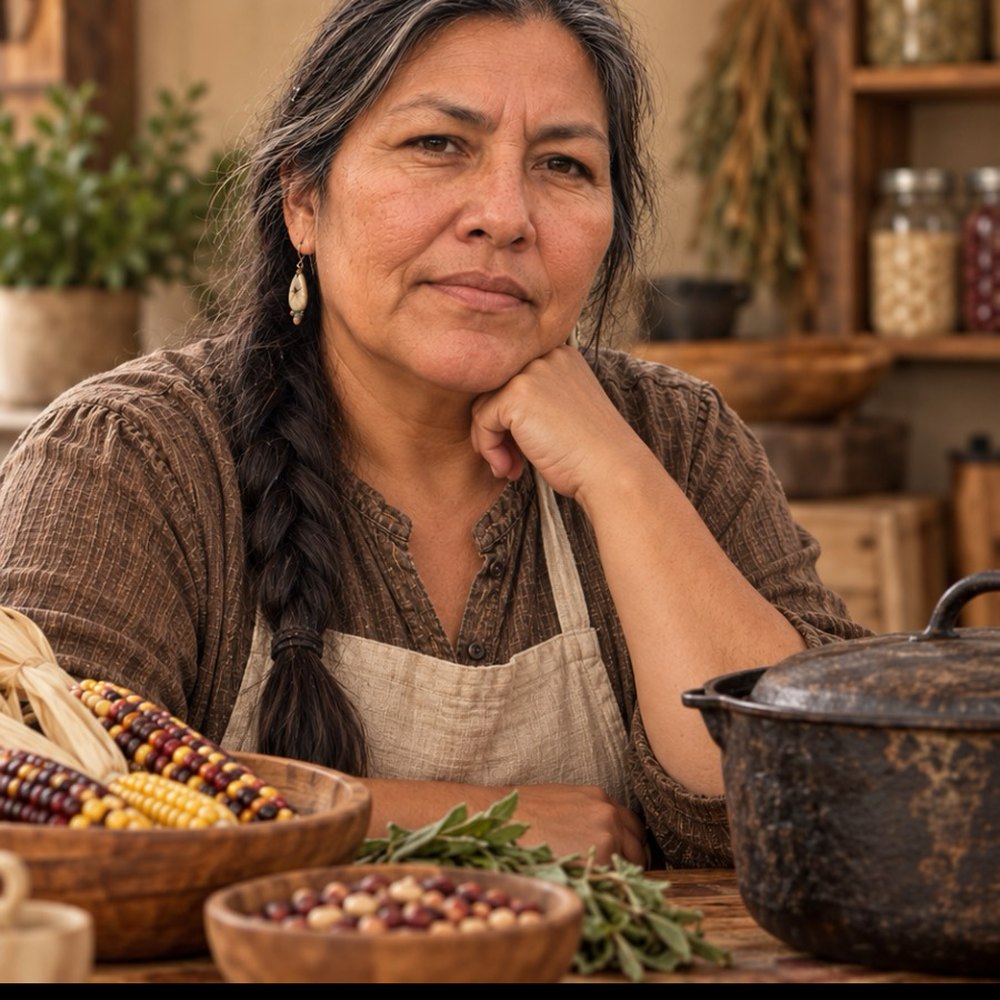 Naomi Kingbird at her kitchen table with dried corn, beans, fresh sage and a cast-iron pot